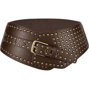 Women's Elastic Wide Belt Vintage Studded Stretchy Waist Belt Dress Pants Coffee